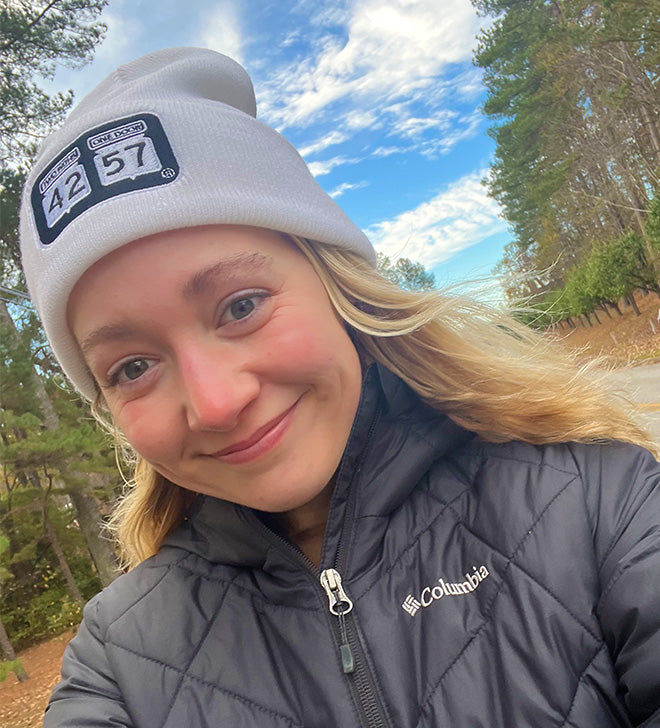 woman wearing 42-57 beanie