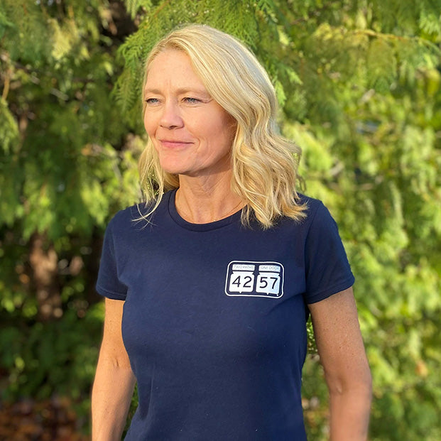 woman wearing 42-57 women's short sleeve tshirt
