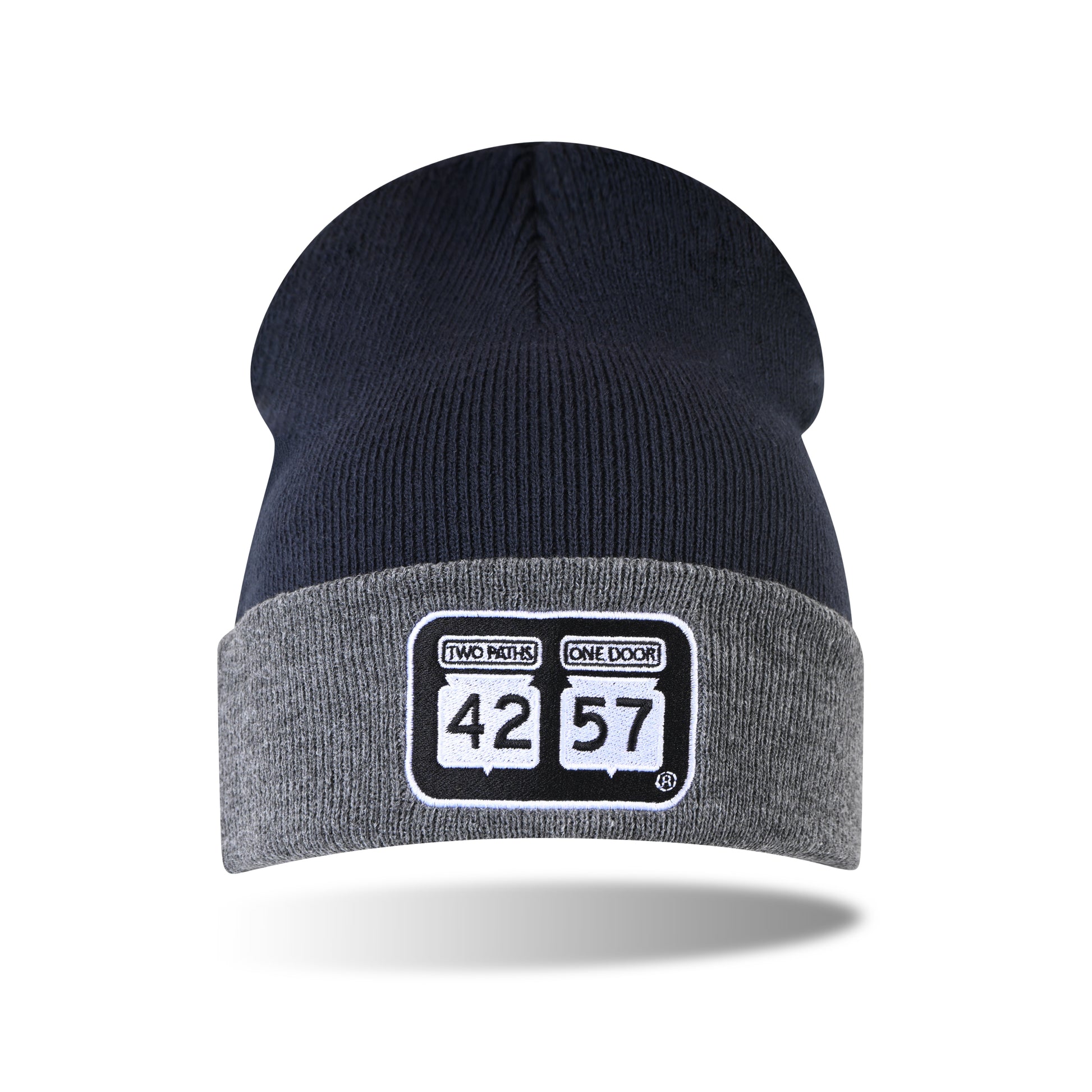 42-57 Classic Beanie in navy and gray with embroidered 42-57 logo