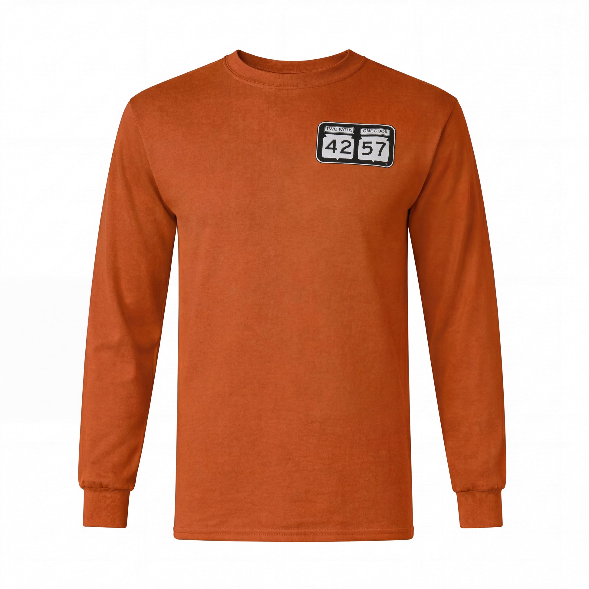 42-57 Unisex Classic Long Sleeve Tee in orange with signature Door County logo