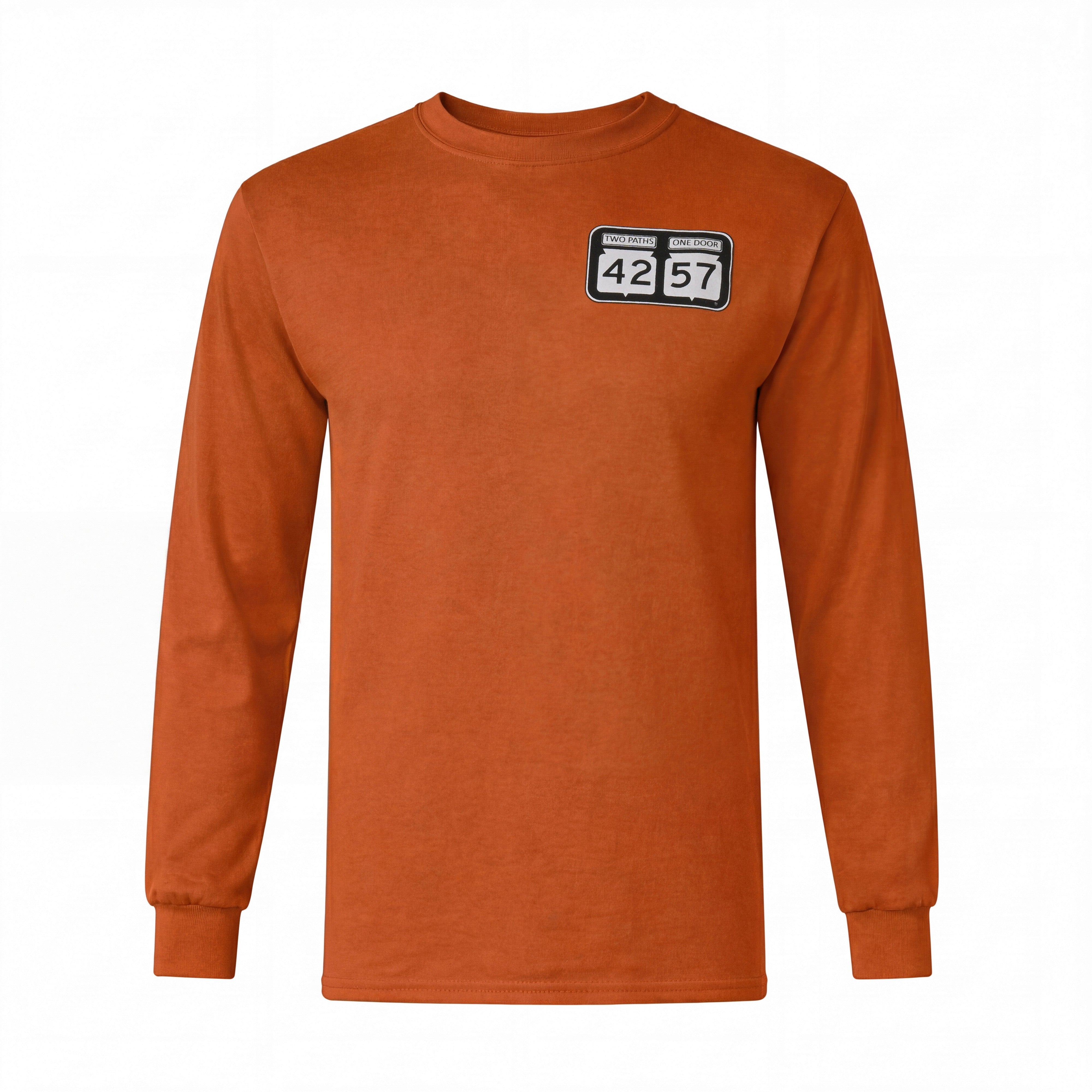 42-57 Unisex Classic Long Sleeve Tee in orange with signature Door County logo