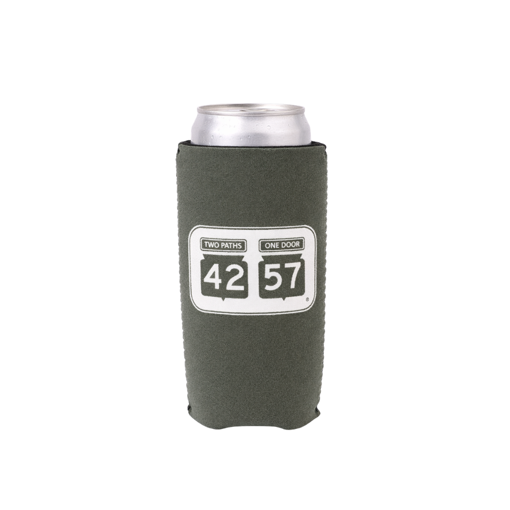 42-57 Slim Coozie in gray holding a slim can