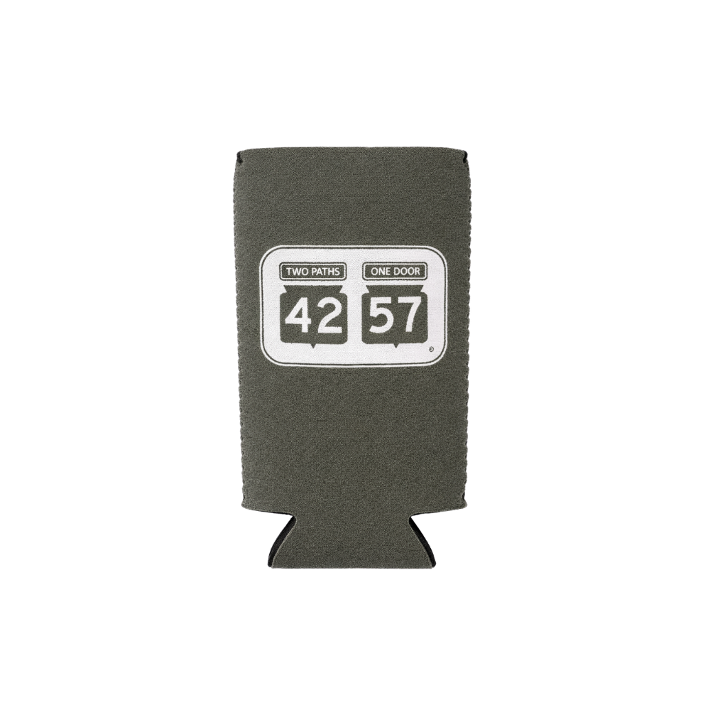 Flat view of 42-57 Slim Coozie in gray with 42-57 logo
