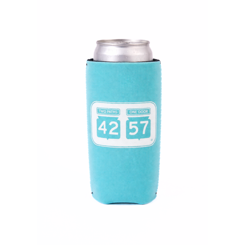42-57 Slim Coozie in light blue holding a slim can