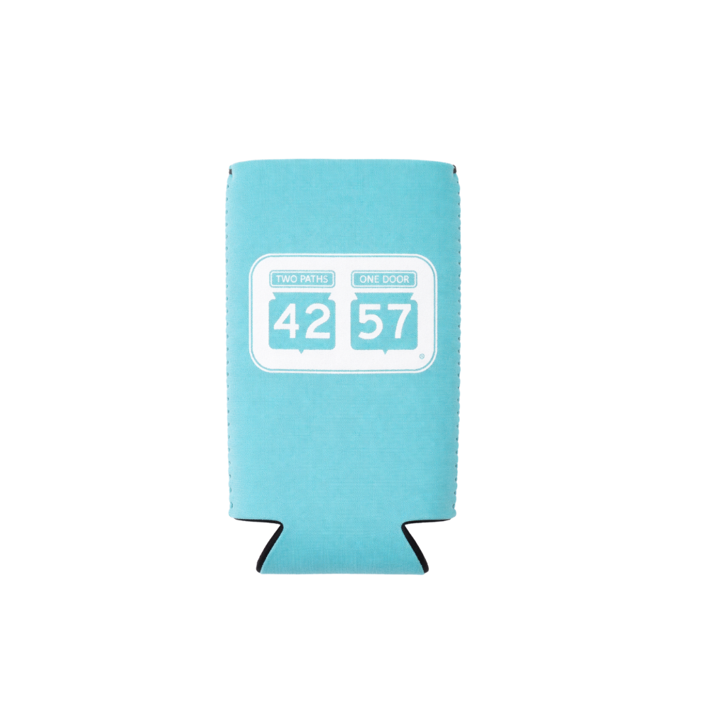 Flat view of 42-57 Slim Coozie in light blue with 42-57 logo