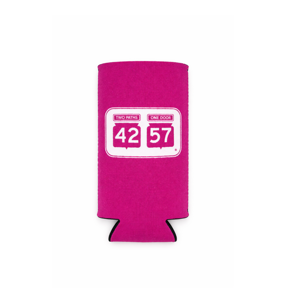 Flat view of 42-57 Slim Coozie in pink with 42-57 logo