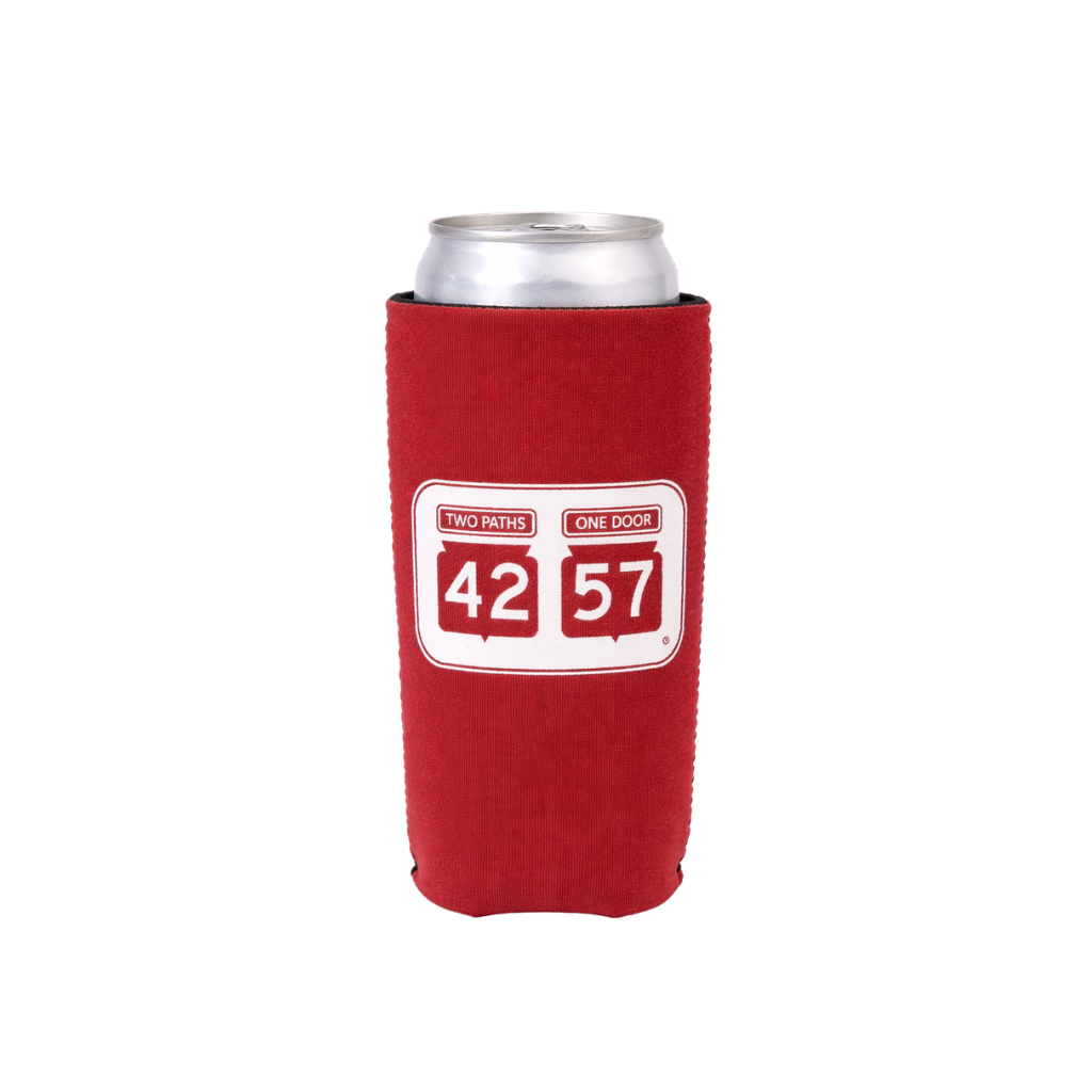 42-57 Slim Coozie in red holding a slim can