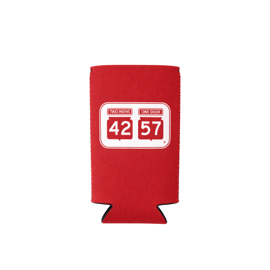 Flat view of 42-57 Slim Coozie in red with 42-57 logo