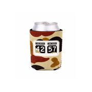 42-57 Standard Coozie in camo holding a 12 oz can