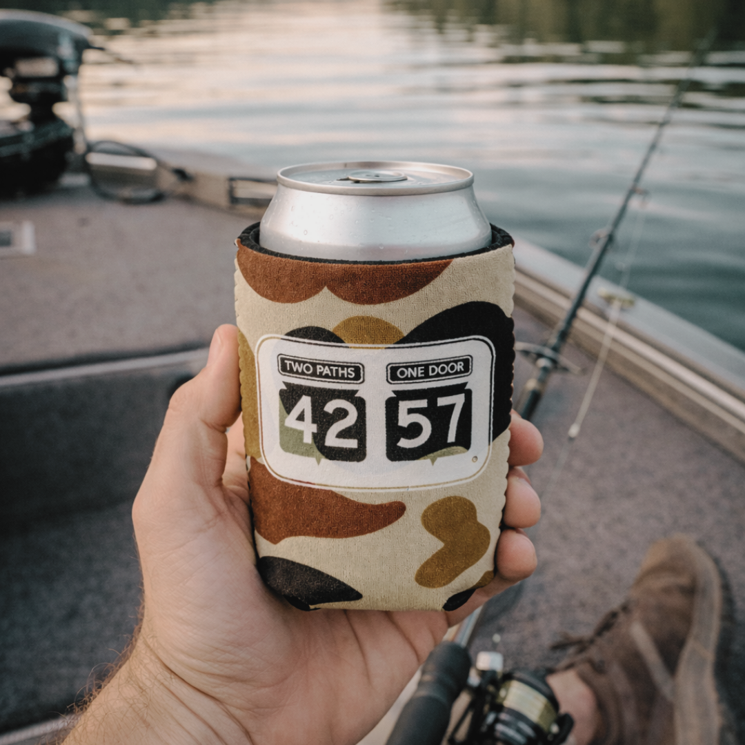 Person holding 42-57 Standard Coozie in Door County, Wisconsin