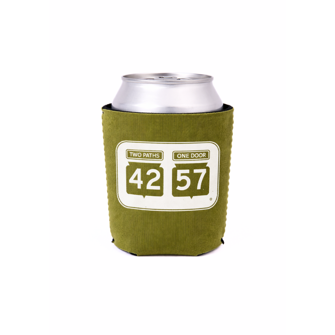 42-57 Standard Coozie in green holding a 12 oz can