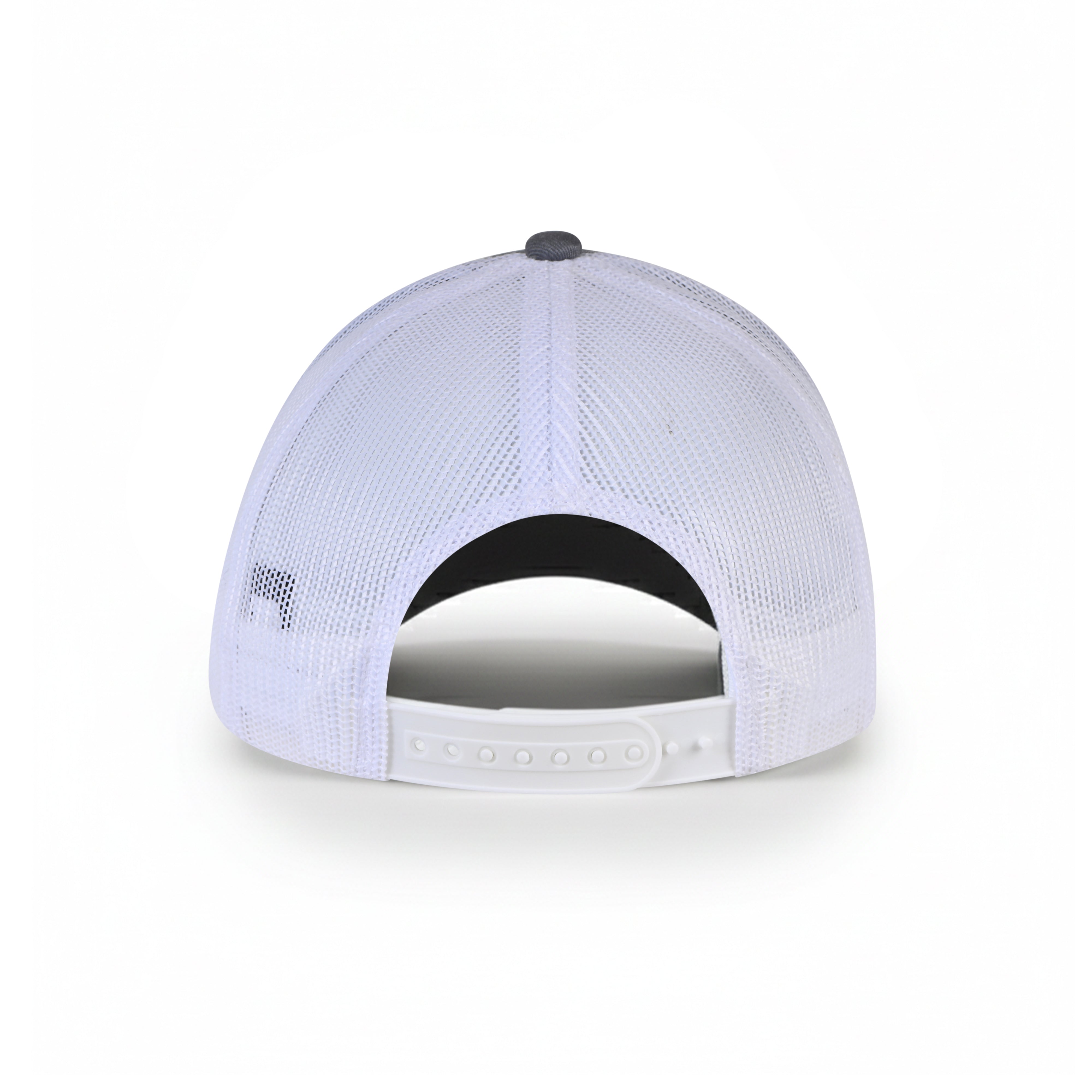 Back view of 42-57 Trucker Cap in gray with breathable white mesh back and snapback closure