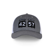 42-57 Trucker Cap in gray with white mesh back and embroidered 42-57 logo