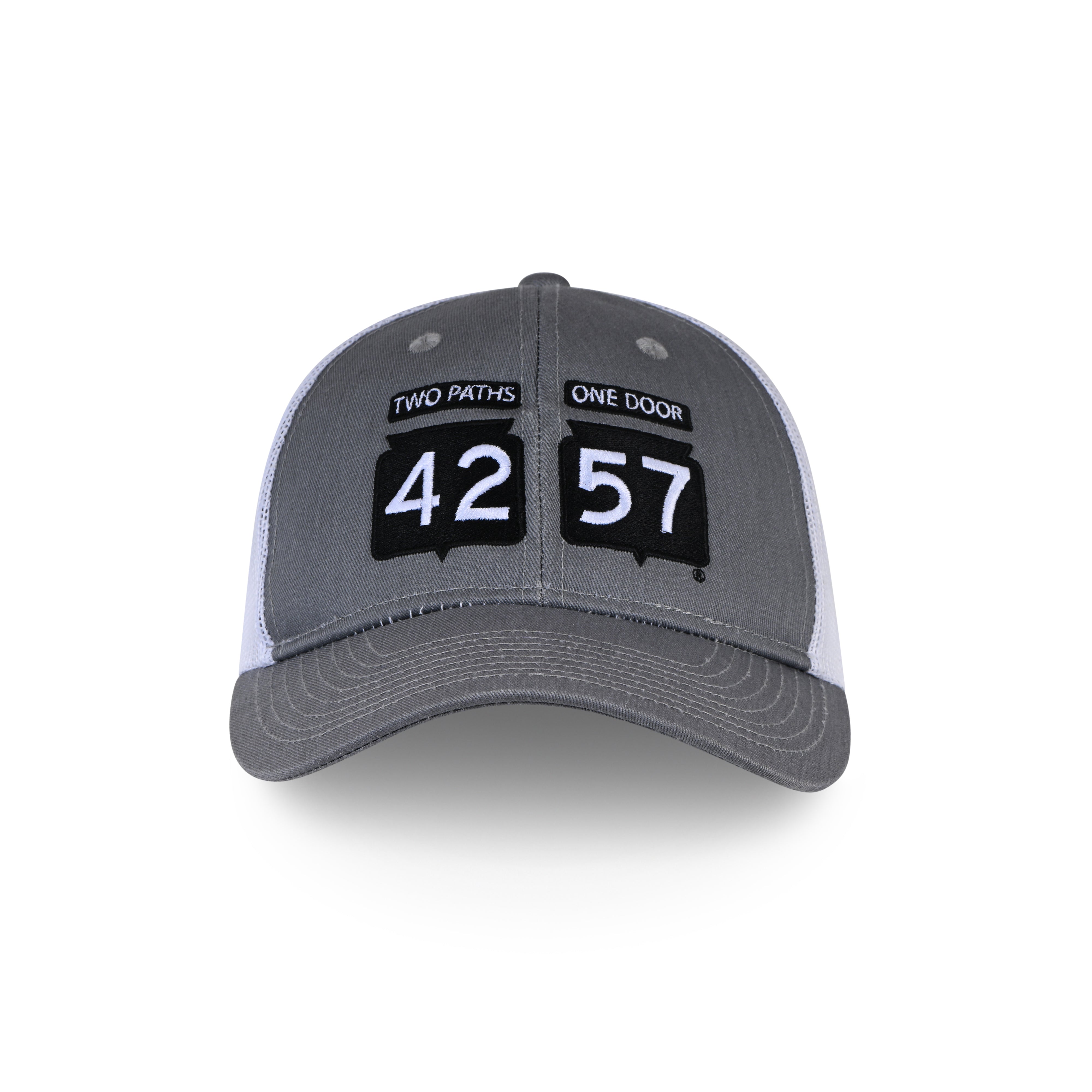 42-57 Trucker Cap in gray with white mesh back and embroidered 42-57 logo