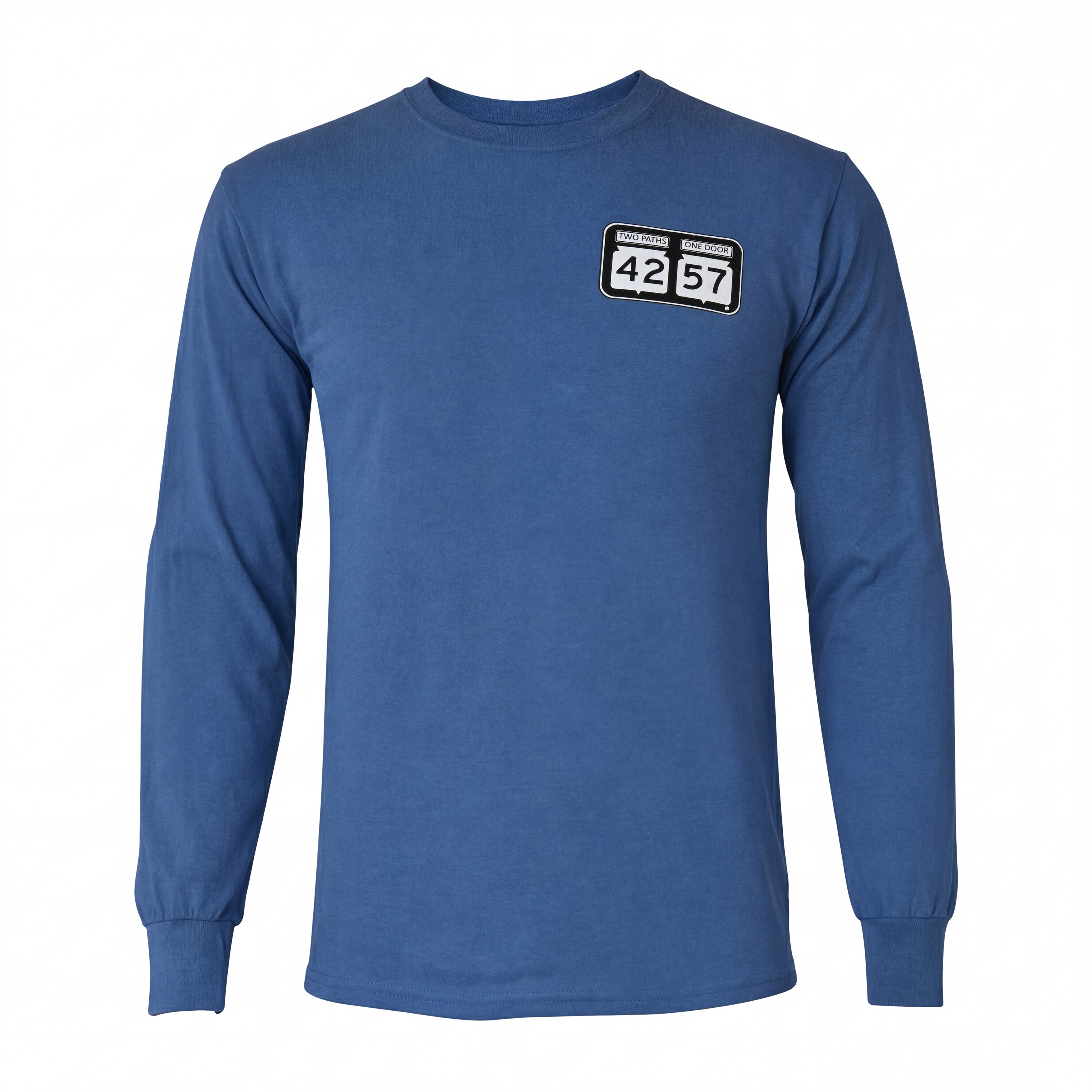 42-57 Unisex Classic Long Sleeve Tee in blue with signature Door County logo