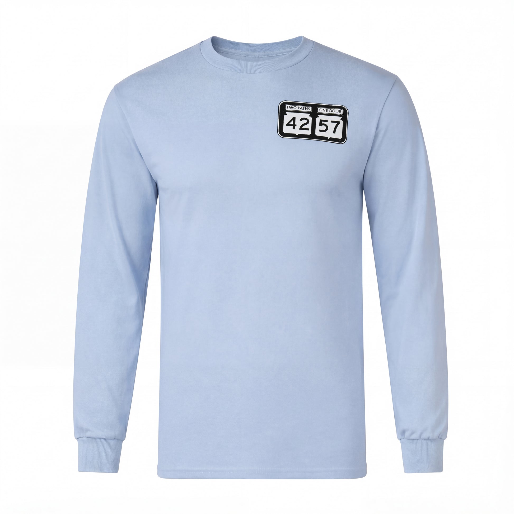 42-57 Unisex Classic Long Sleeve Tee in light blue with signature Door County logo