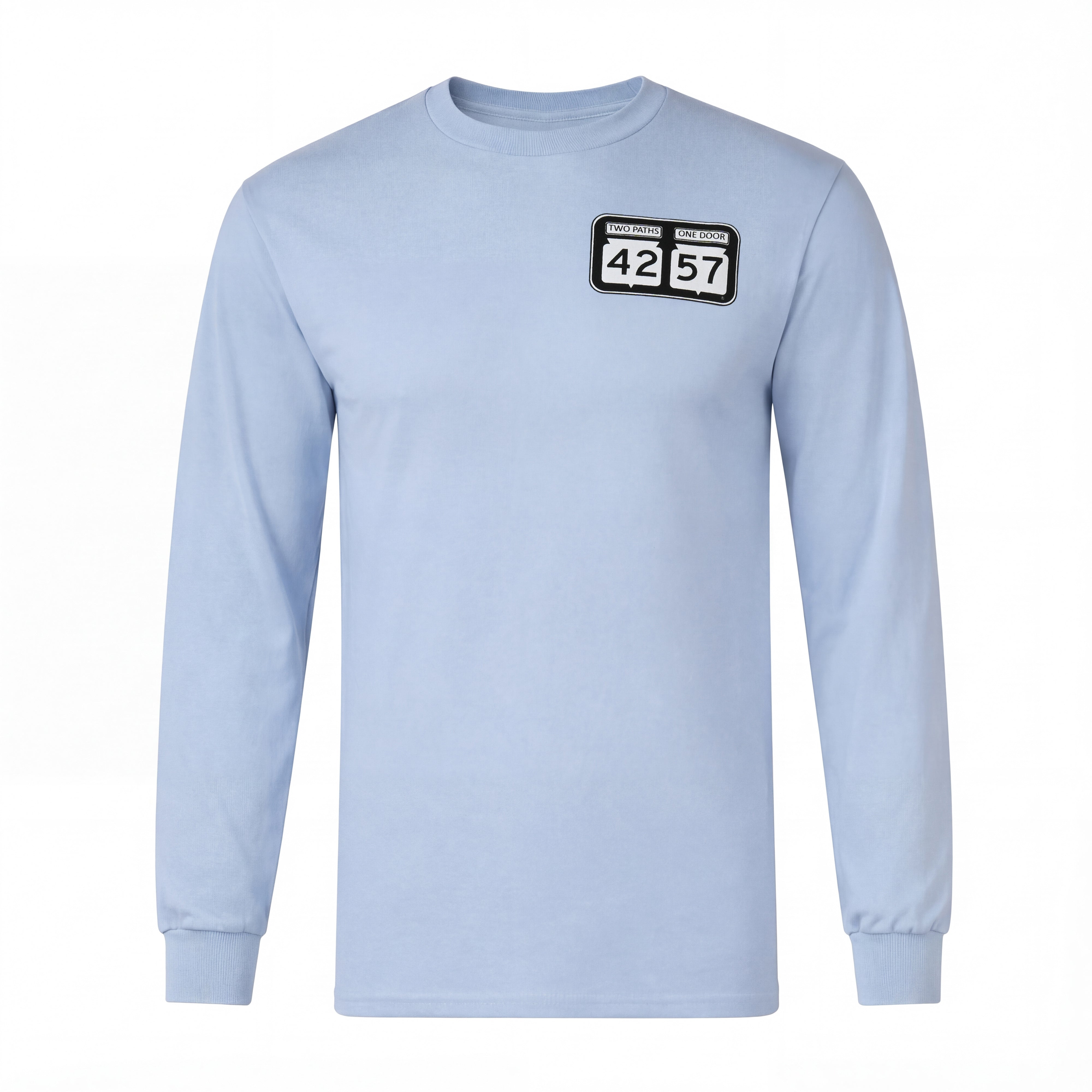 42-57 Unisex Classic Long Sleeve Tee in light blue with signature Door County logo