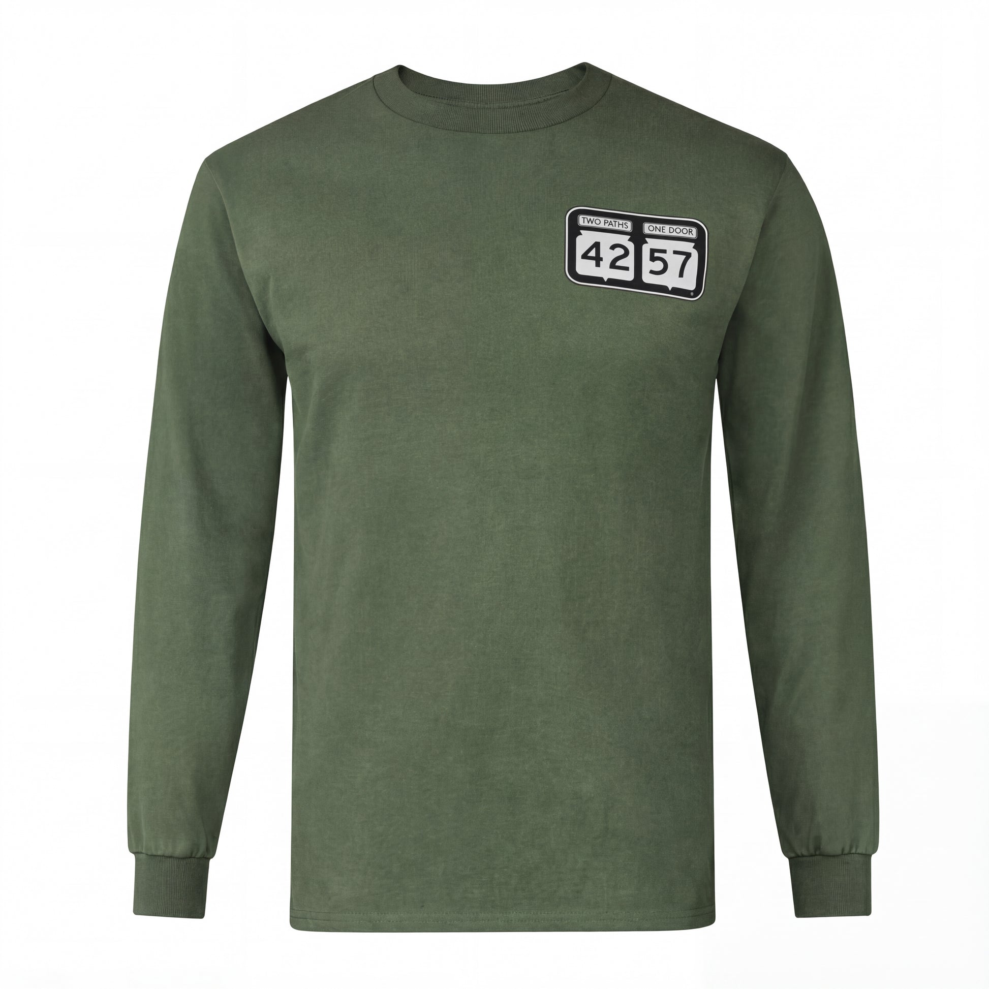 42-57 Unisex Classic Long Sleeve Tee in green with signature Door County logo