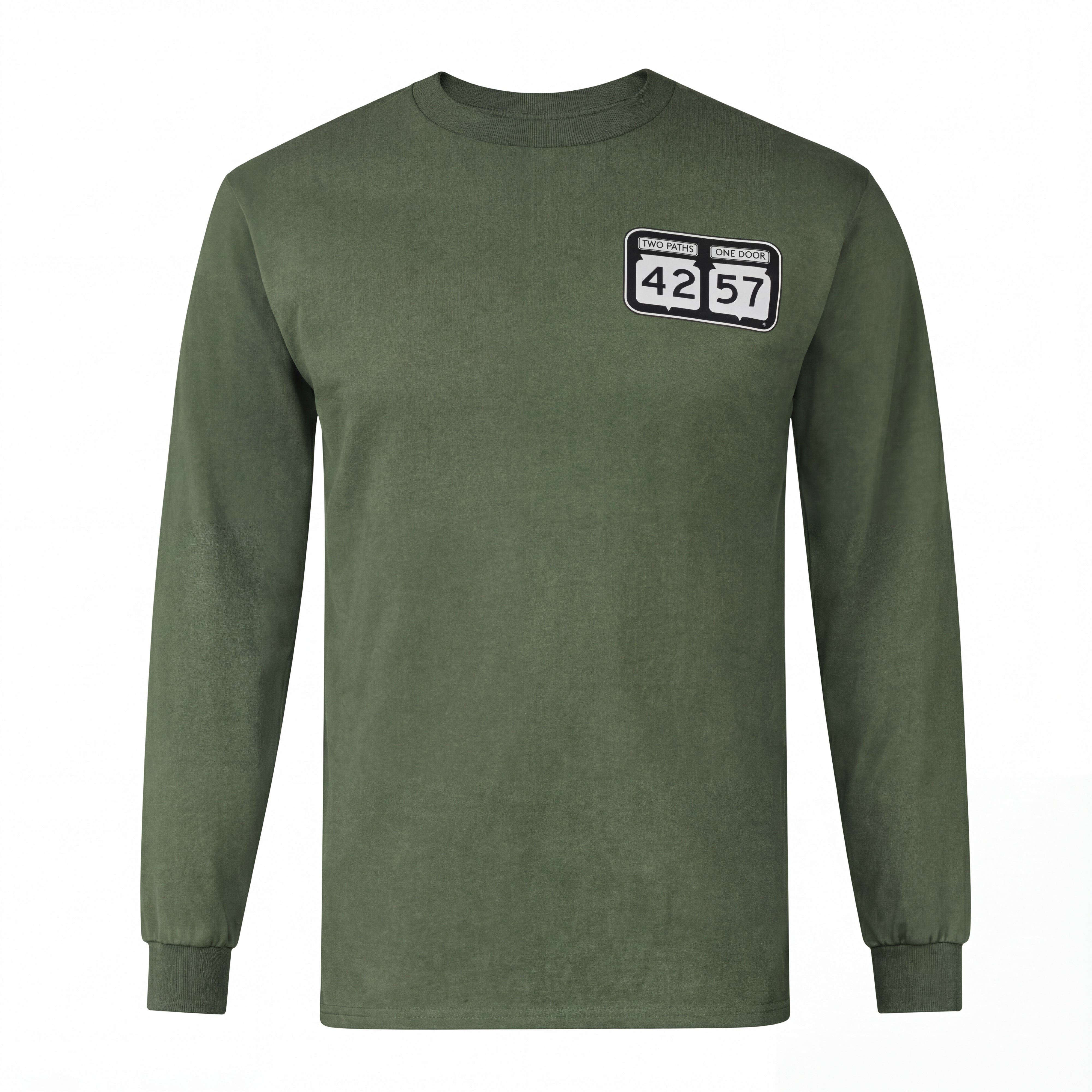 42-57 Unisex Classic Long Sleeve Tee in green with signature Door County logo