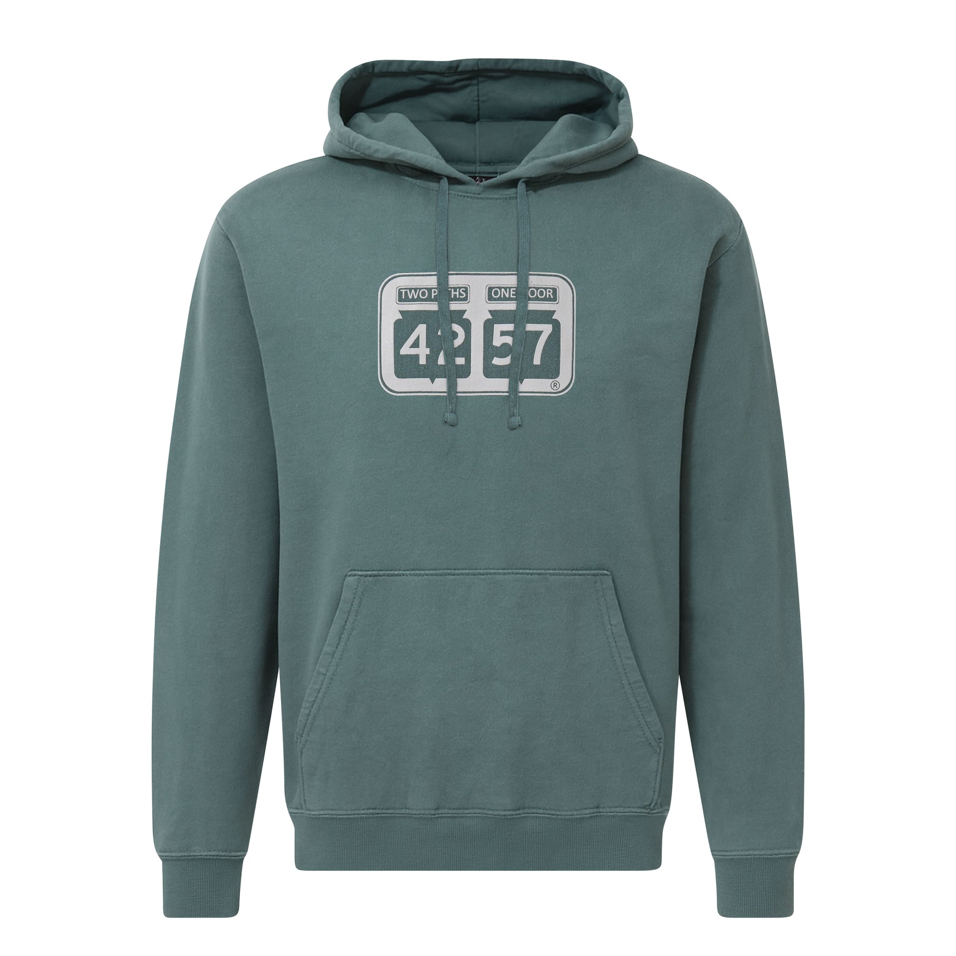 42-57 Unisex Shoreline Hoodie in green with signature Door County logo