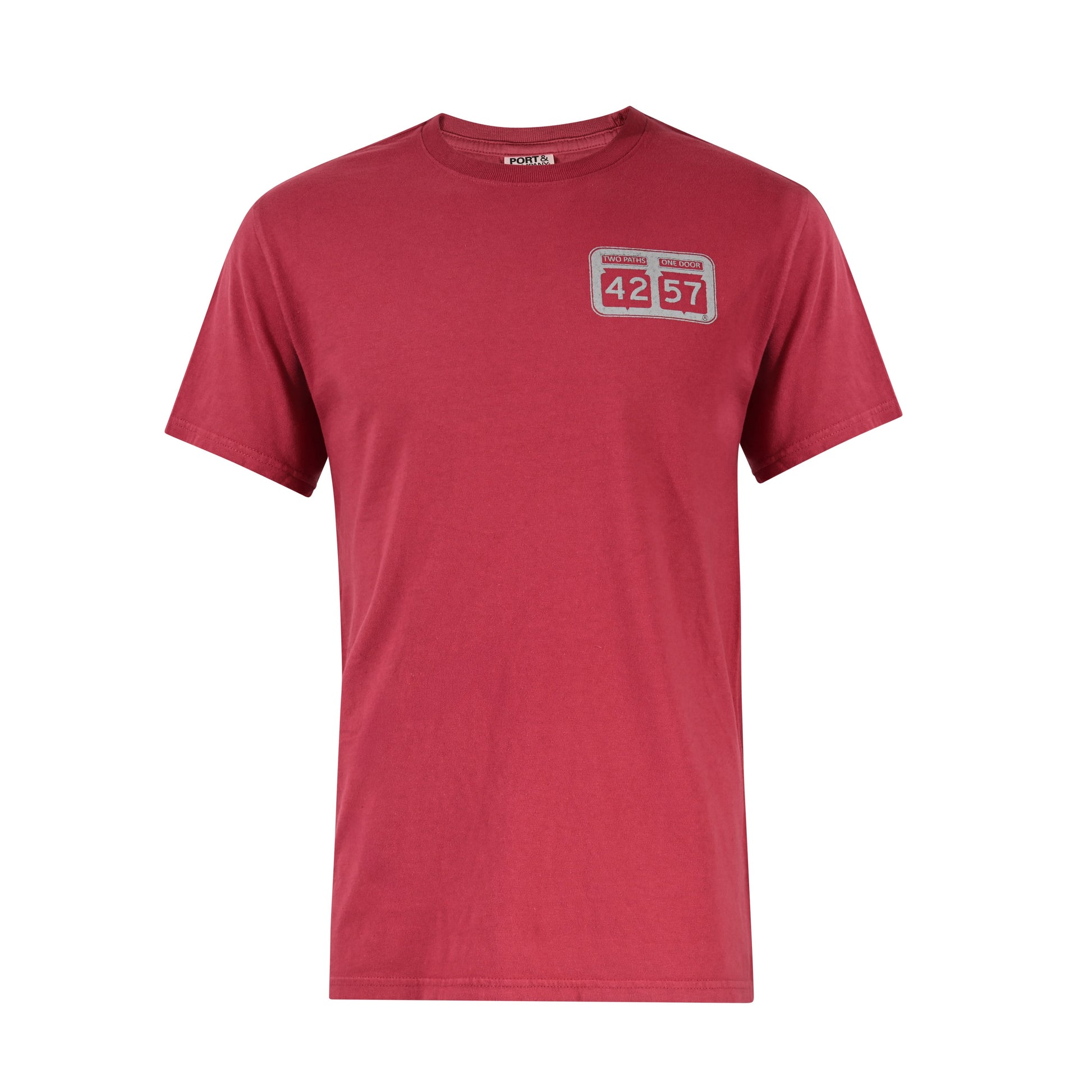 42-57 Unisex Shoreline Tee in red with signature Door County logo