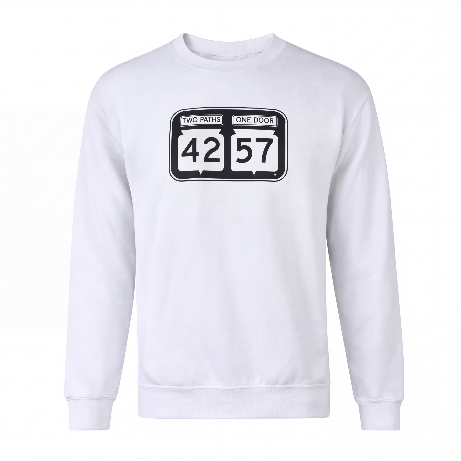 42-57 Unisex Timeless Crewneck Sweatshirt in white with signature Door County logo