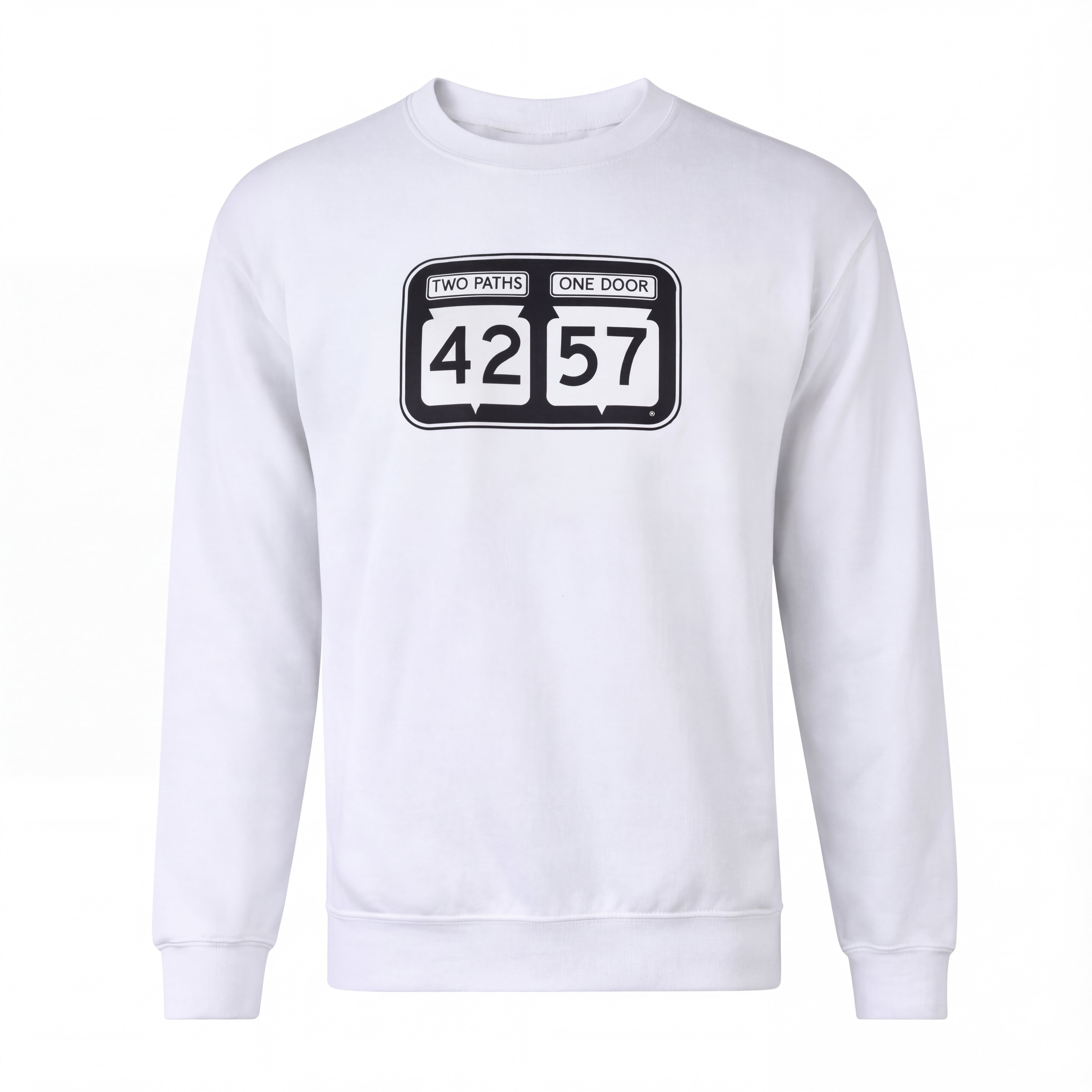 42-57 Unisex Timeless Crewneck Sweatshirt in white with signature Door County logo