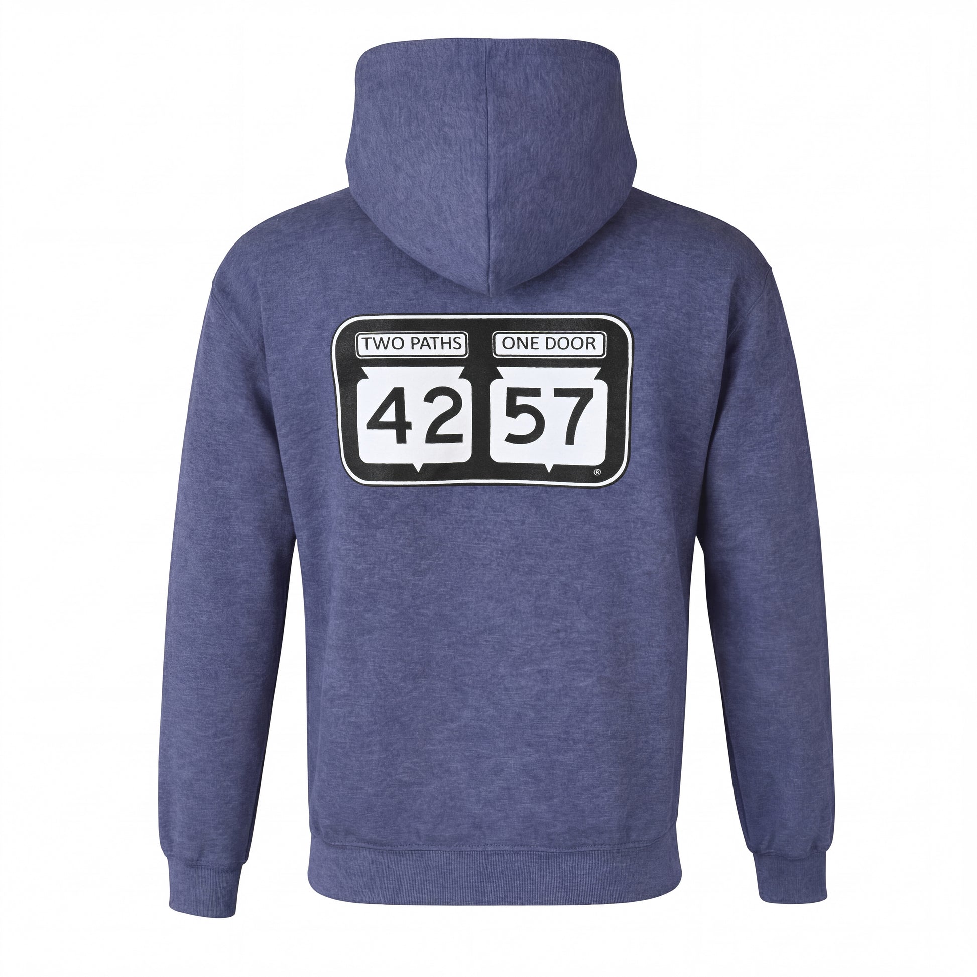Back view of 42-57 Unisex Timeless Hoodie in blue featuring large 42-57 back design