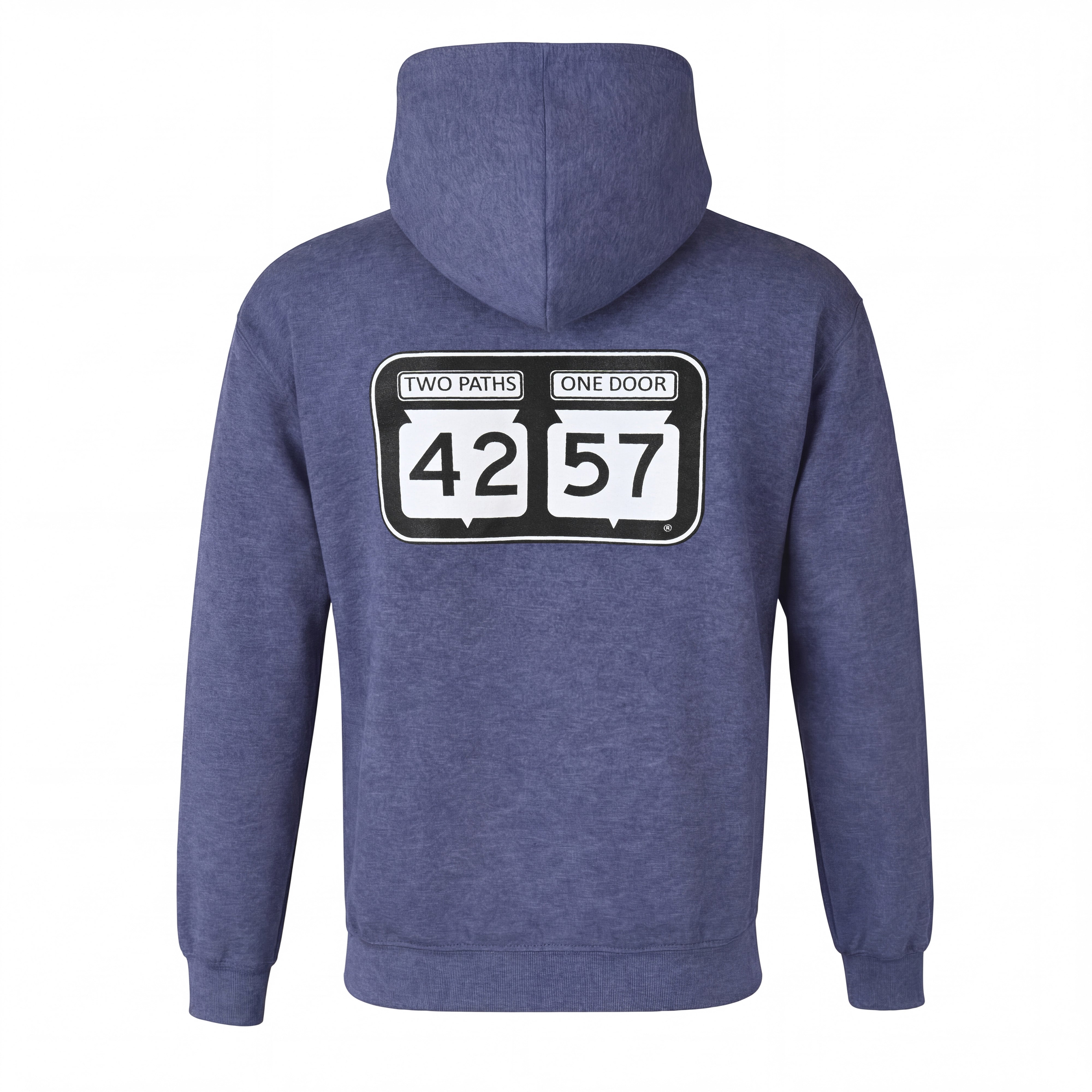 Back view of 42-57 Unisex Timeless Hoodie in blue featuring large 42-57 back design