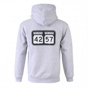 Back view of 42-57 Unisex Timeless Hoodie in heather gray featuring large 42-57 back design