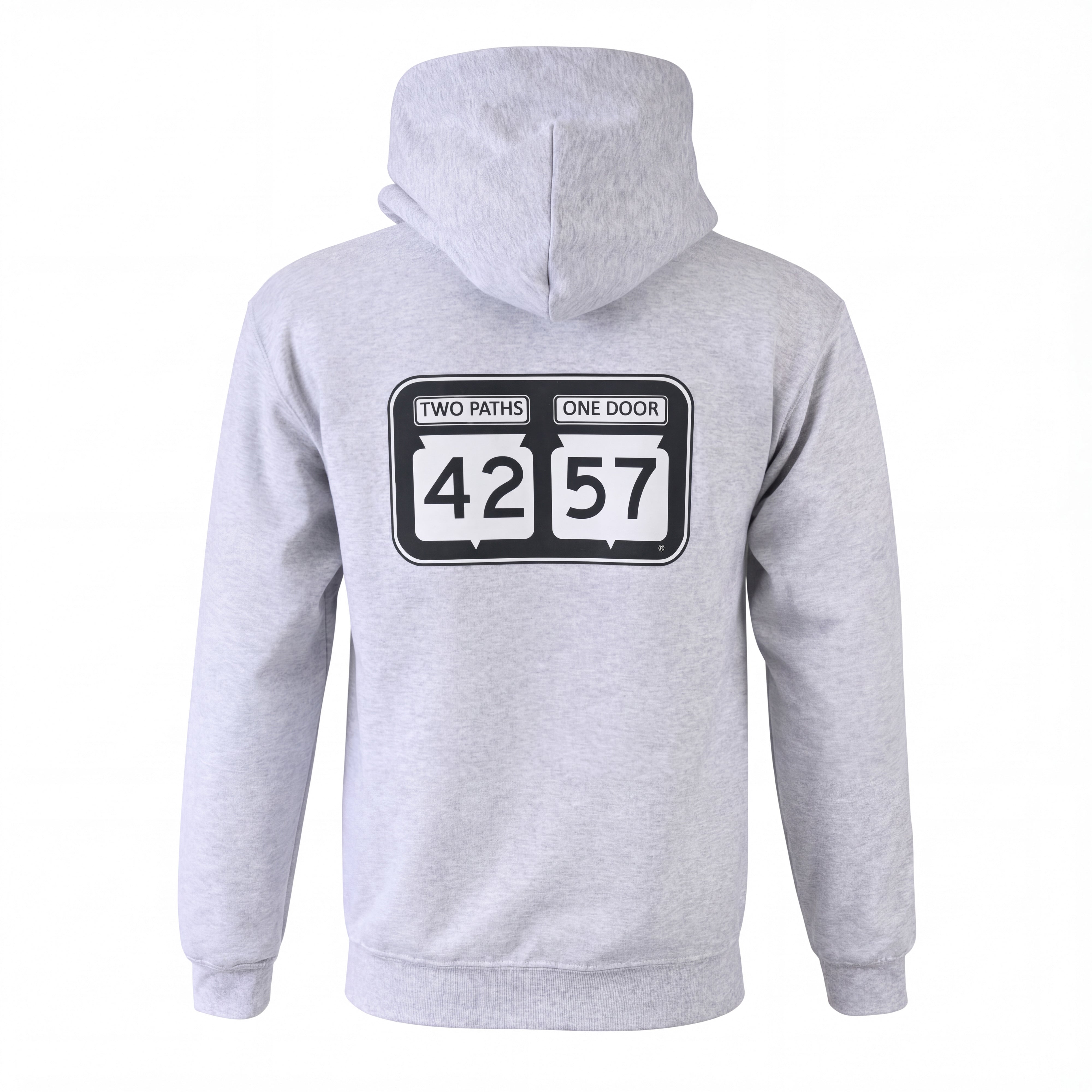 Back view of 42-57 Unisex Timeless Hoodie in heather gray featuring large 42-57 back design
