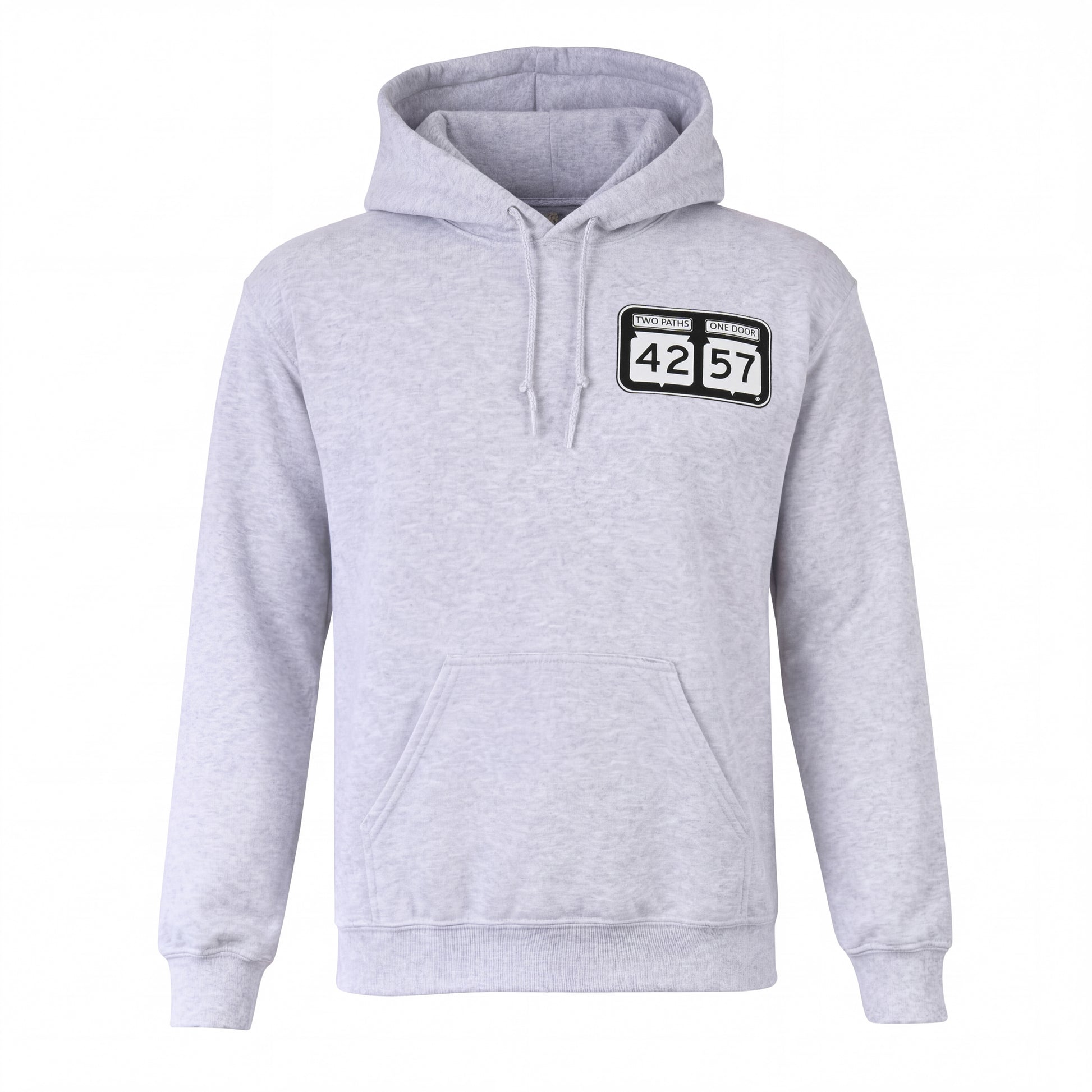 42-57 Unisex Timeless Hoodie in heather gray with signature logo on front
