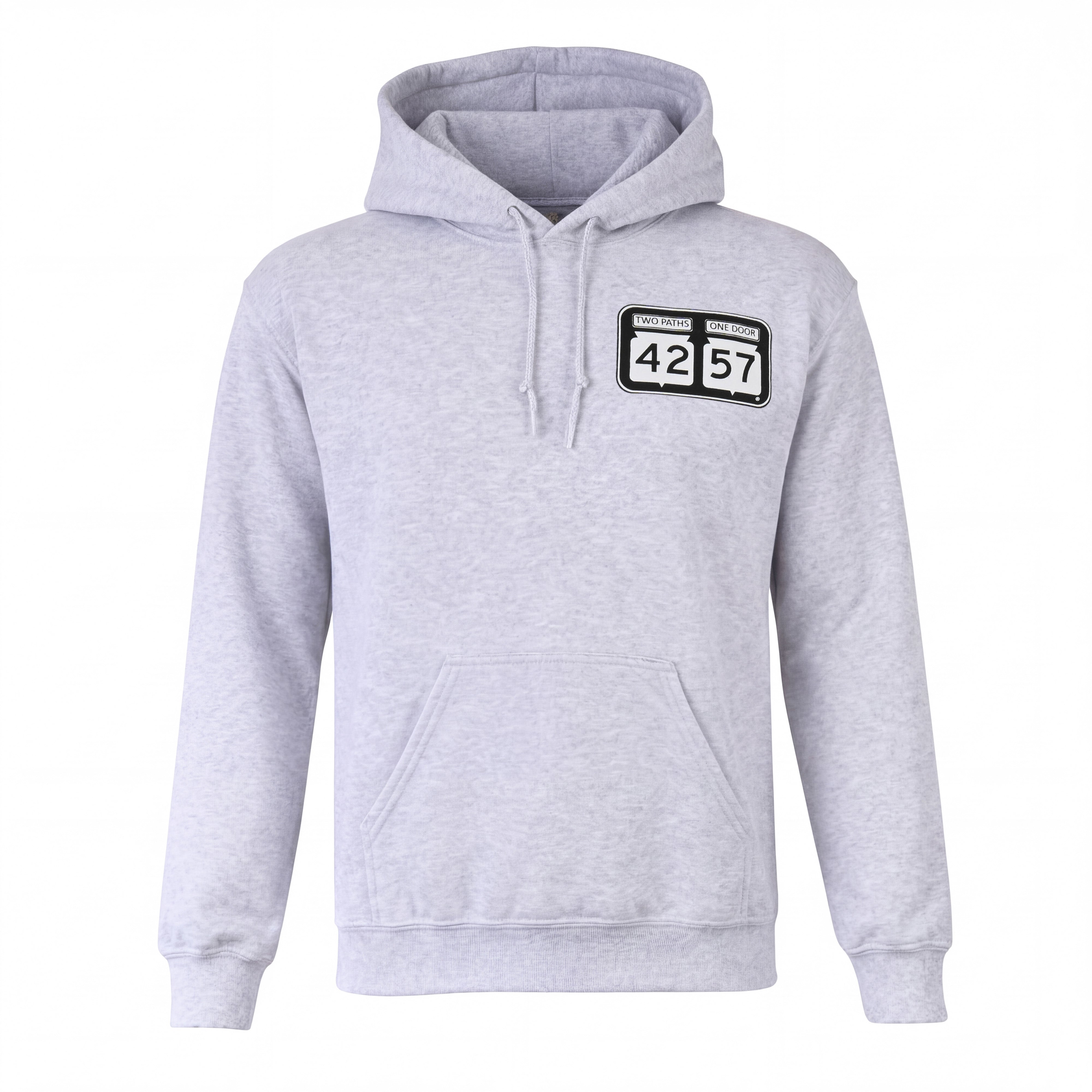 42-57 Unisex Timeless Hoodie in heather gray with signature logo on front