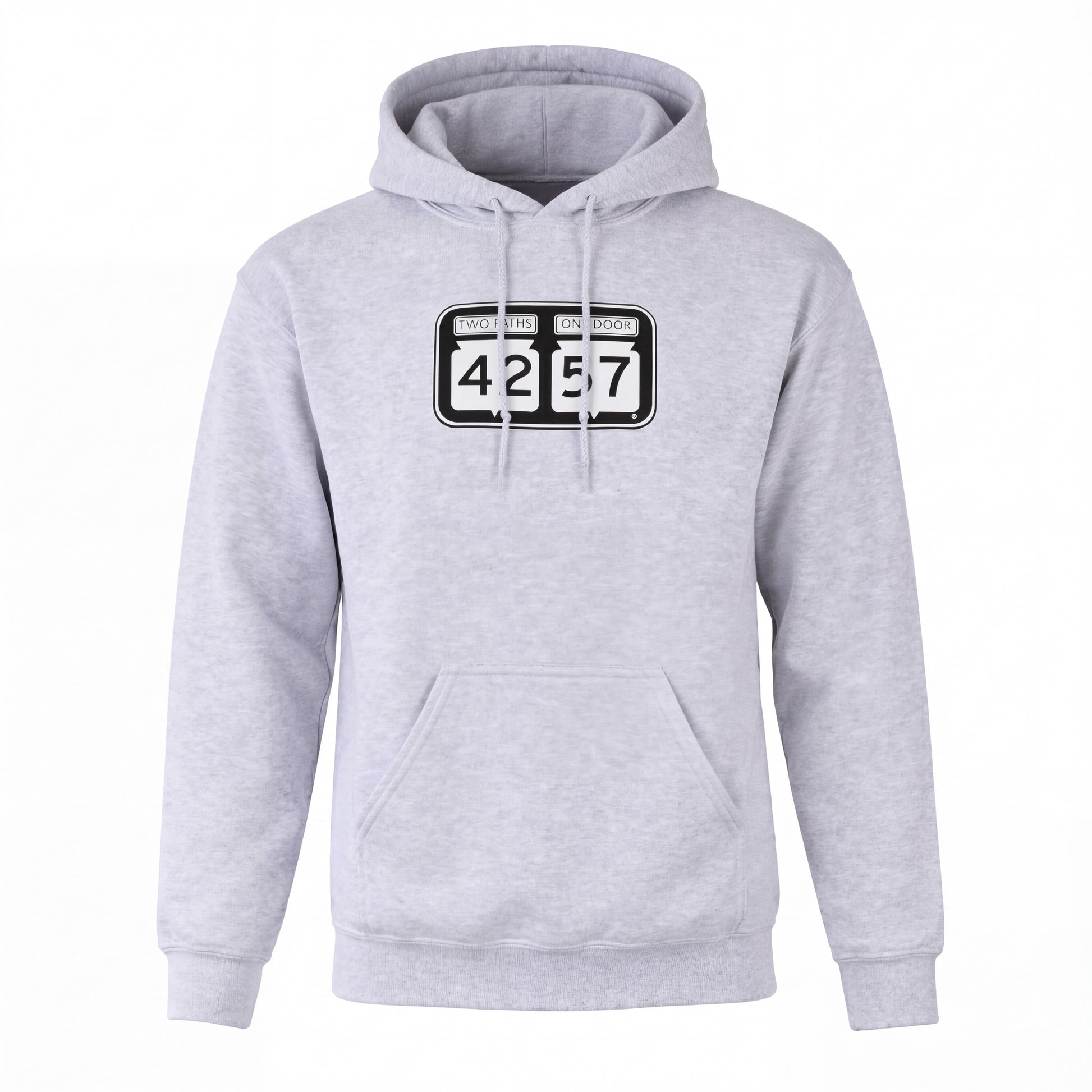 42-57 Unisex Timeless Hoodie in heather gray featuring Door County inspired design on front