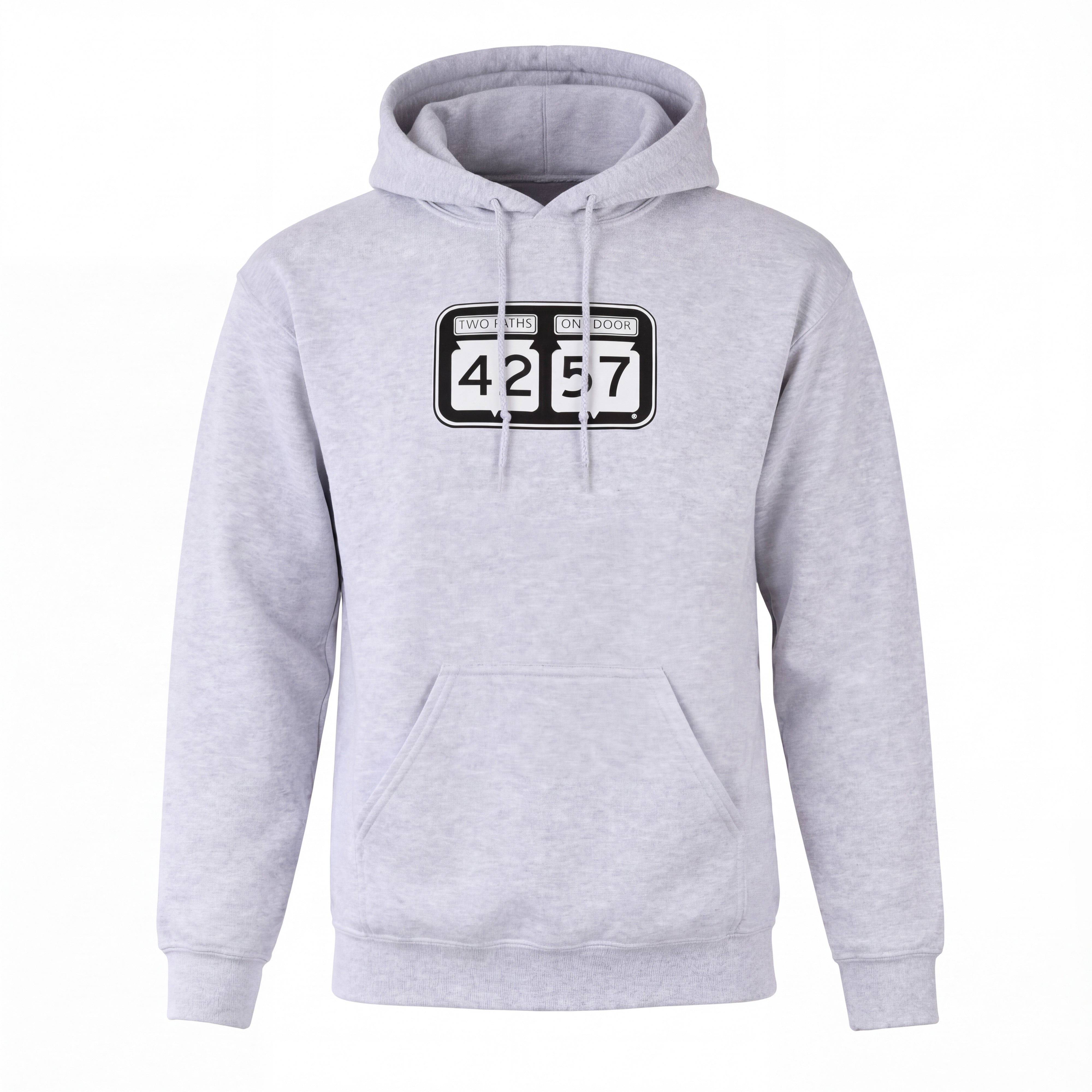 42-57 Unisex Timeless Hoodie in heather gray featuring Door County inspired design on front