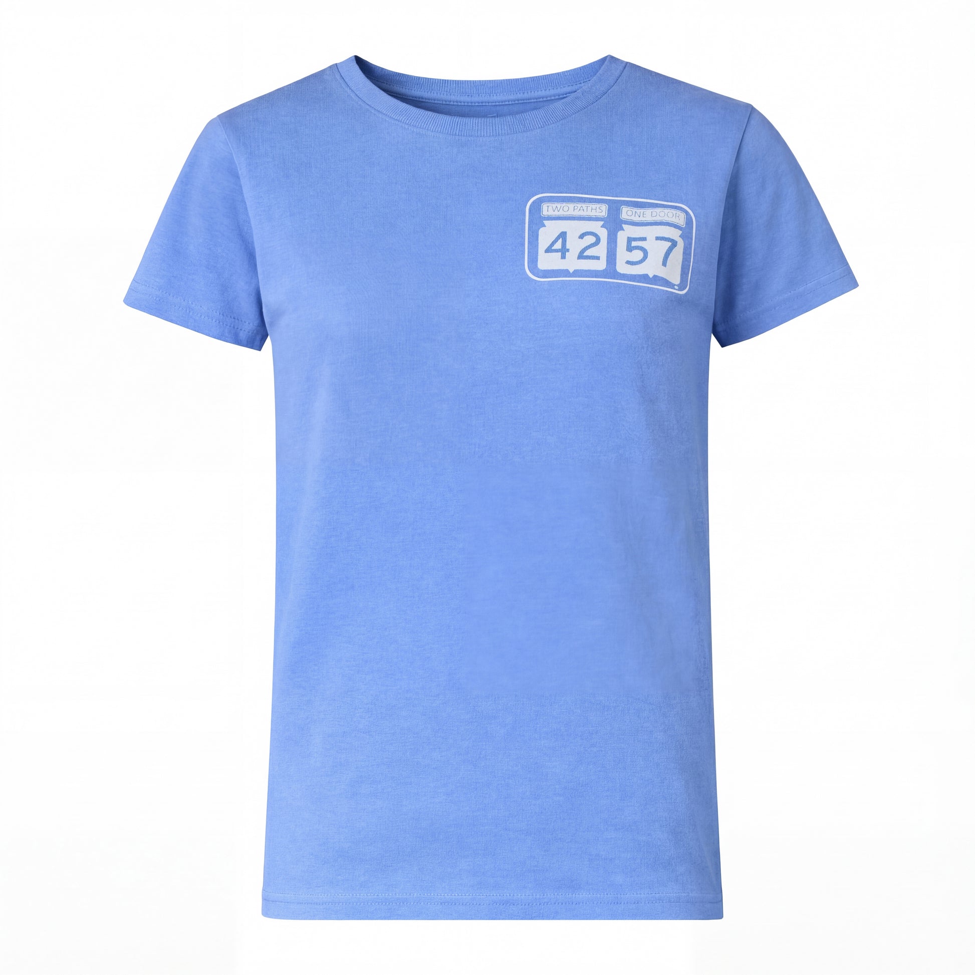 42-57 Women’s Classic Tee in light blue featuring signature logo