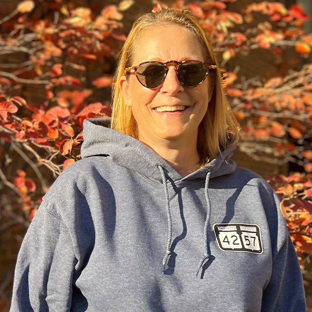 owner MaryBeth in a 42-57 classic hoodie